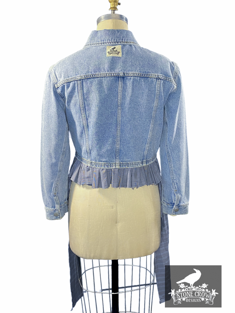 Remixed Cropped Plaid Ruffle Denim Jacket — Stone Crow Designs